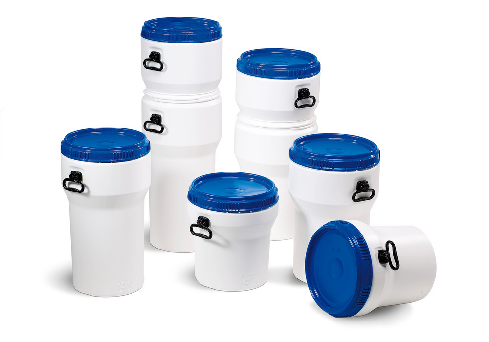Rummelig beholder, af kunststof, 50 liter, hvid / blå, med UN-godkendelse og låg, kan stables - 2