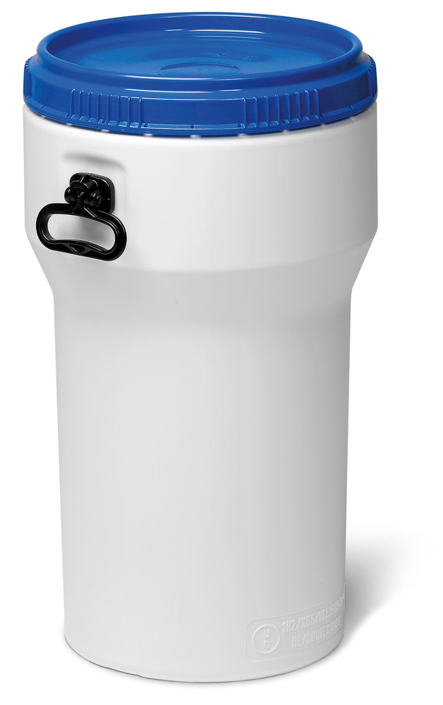 Recipiente de boca ancha en plástico, 50 litros, blanco/azul, encajable, con Homologación UN y tapa