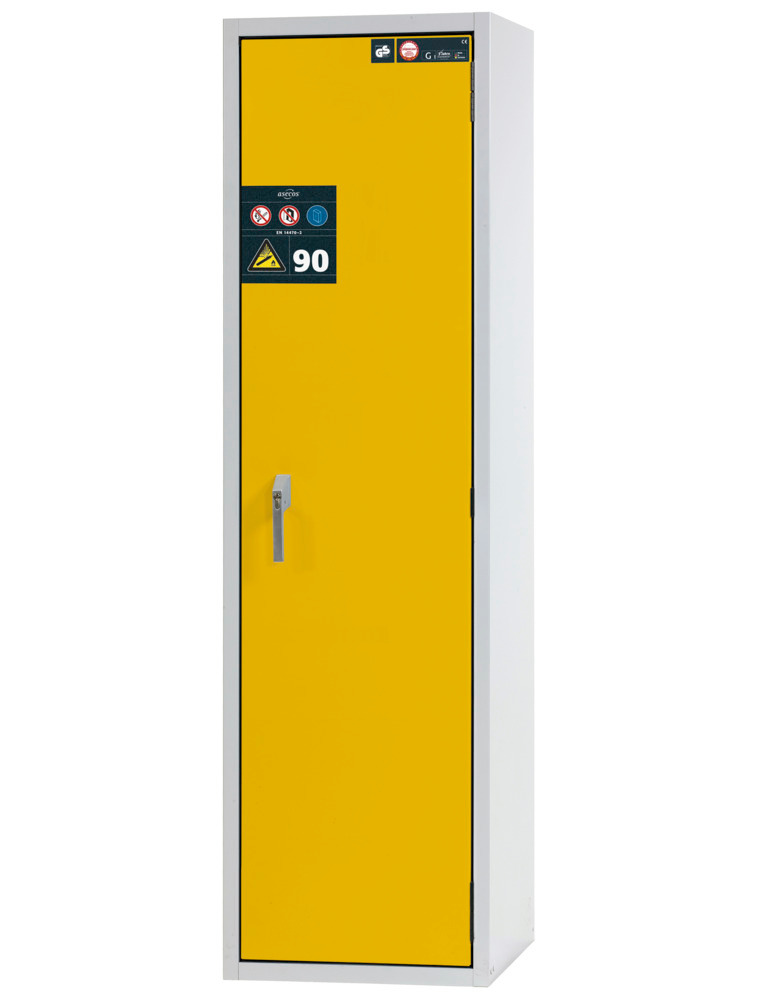 asecos brandwerende gasflessenkast G90.6-2F, 600 mm breed, deurscharnier rechts, grijs/geel - 1