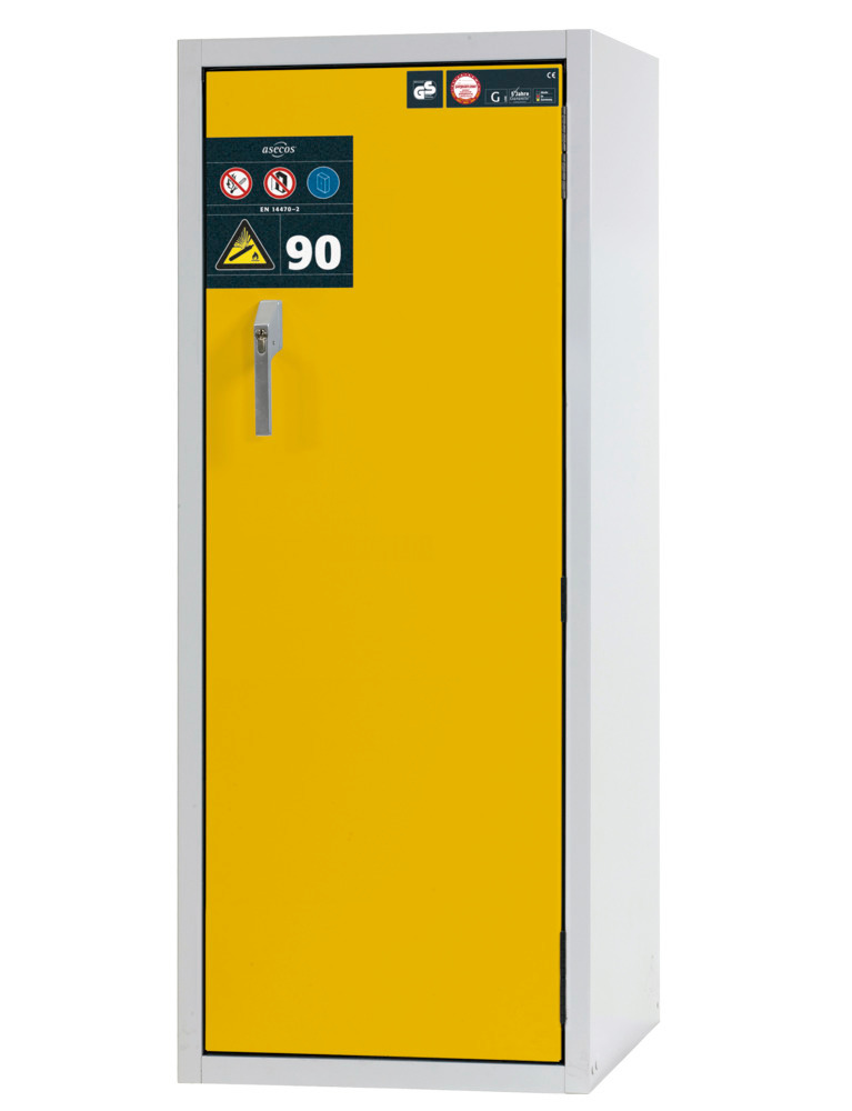 Brandklassat skåp för gasflaskor asecos G90.6-10, bredd 600 mm, högerhängd dörr, grå/gul - 1