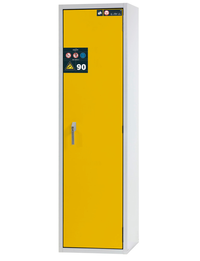 asecos Gasflaschenschrank feuerbeständig G90, 1 x 50 l Flasche, B 600 mm, Tür rechts, grau/gelb - 1