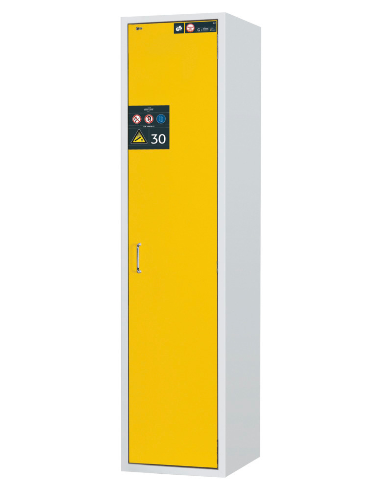 Brannsikkert gasskap for trykkgassflasker G 30.6, 600 mm bred, dørstopp til høyre, gul
