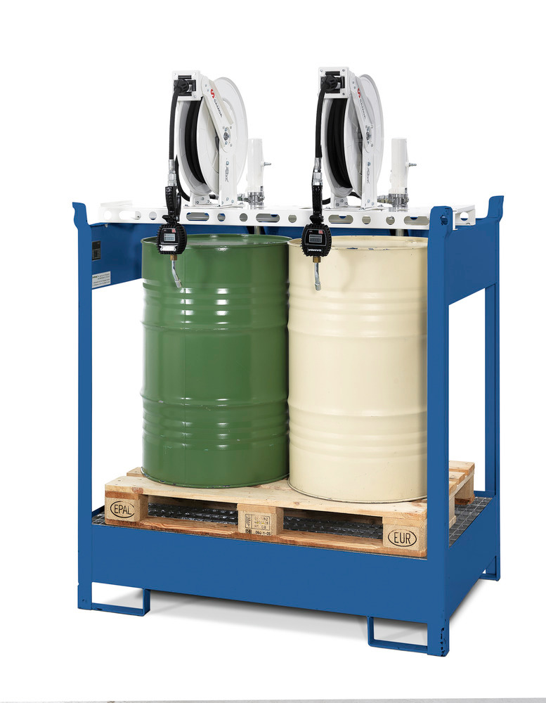 Oil dispensing station with spill pallet for 2 drums, 2 x compressed air pumps, hose reel 10m - 3
