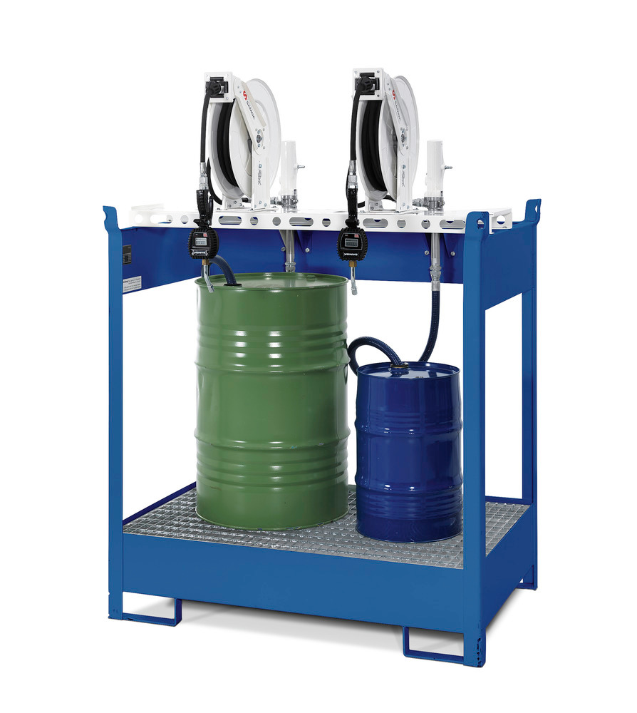 Oil dispensing station with spill pallet for 2 drums, 2 x compressed air pumps, hose reel 10m - 1