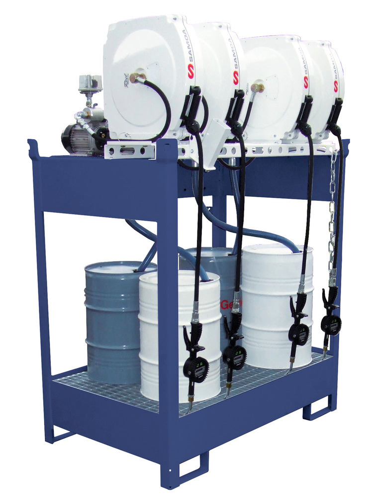 Oil station with spill pallet for 4 drums, 4 x electric pumps, enclosed hose reel 10m, nozzle, meter - 1