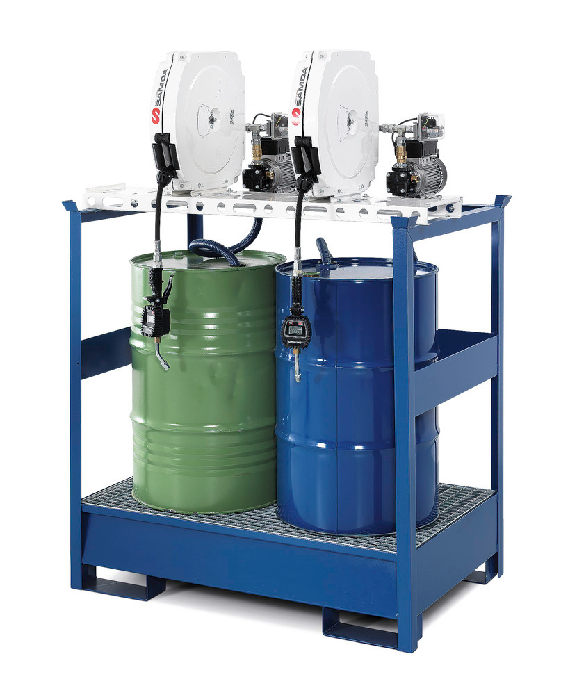 Oil station with spill pallet for 2 drums, 2 x electric pumps, enclosed hose reel 10m, nozzle, meter