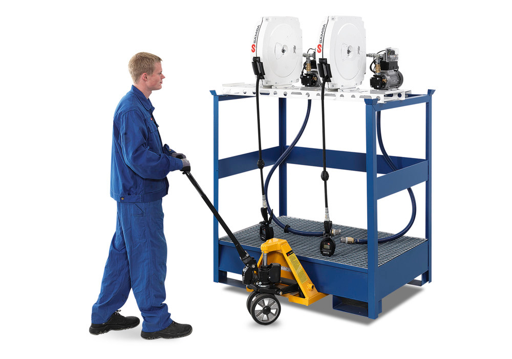 Oil dispensing station with spill pallet for 2 drums, 2 x electric pumps, hose reel 10m - 3