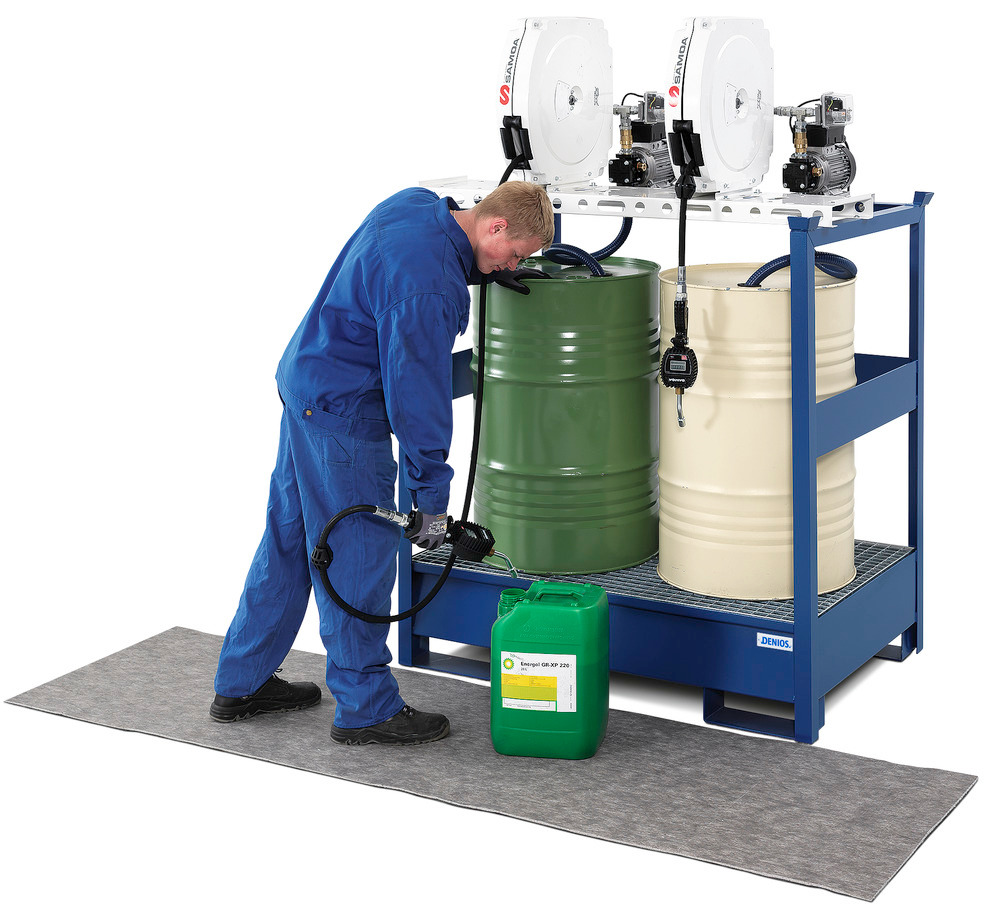 Oil dispensing station with spill pallet for 2 drums, 2 x electric pumps, hose reel 10m - 4