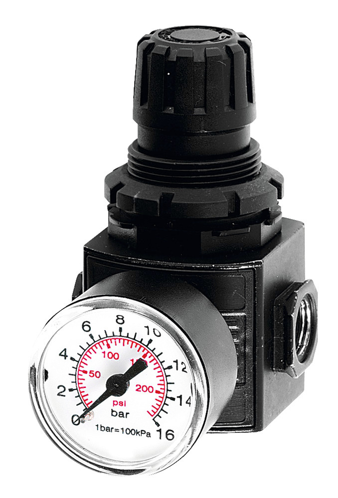 Druckminderer G1/4" für Druckluftpumpen DP, Manometer 0-12 bar, mit Kupplung-Stecker und -Dose - 1
