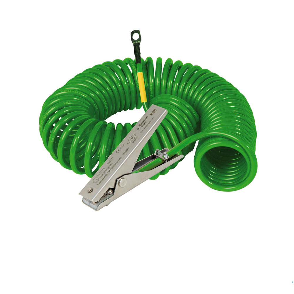 Spiralny kabel uziemiający, 1 żabka ze stali szlach. Medium Duty 120mm i 1 ucho, dł.rozciąg.5m, ATEX - 1