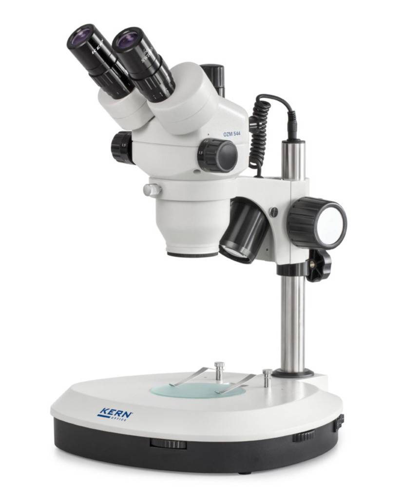 Microscopio estereoscópico con zoom KERN Optics OZM 544, trinocular, lente 0,7 x - 4,5 x, pedestal - 1