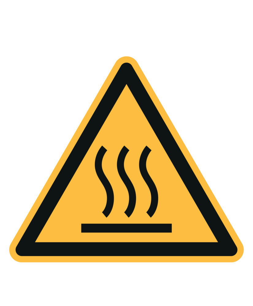 Znak ostrzegawczy „Uwaga, gorąca powierzchnia”, ISO 7010, folia samoprzyl.,50mm,opak.=10ark.po10szt. - 1
