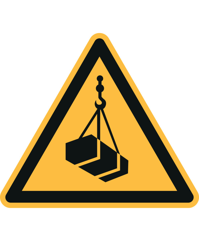 Advarselsskilt advarsel mod hængende last, ISO 7010, folie, selvklæbende, 100 mm, 20 stk.