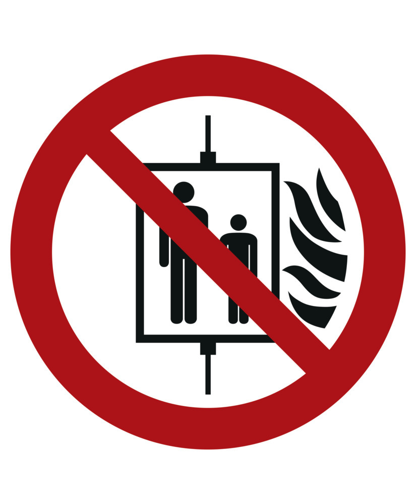 Zákazová značka Nepoužívat výtah v případě požáru, ISO 7010, samolepicí fólie, 100 mm, BJ = 10 ks