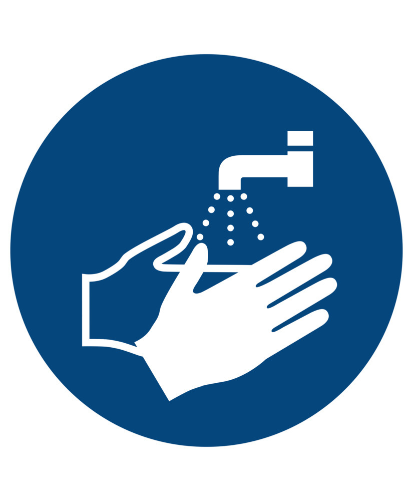 Påbudsskilt håndvask påbudt, ISO 7010, folie, selvklæbende, 100 mm, 10 stk. - 1
