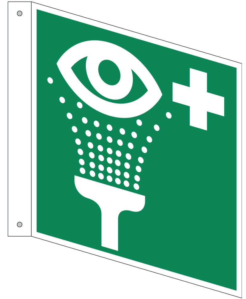 Panneau en drapeau Équipement de rinçage des yeux, ISO 7010, plastique, fluo, 200x200 mm, 5 pièces - 1