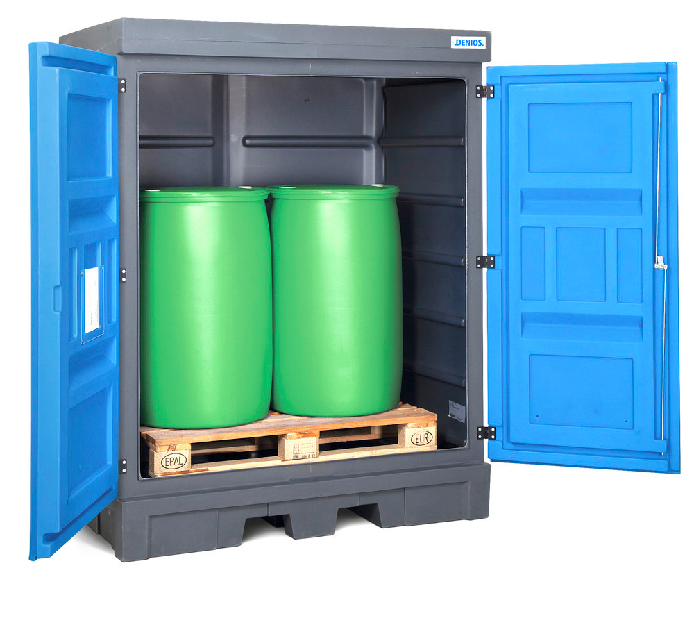 Depósito para produtos químicos PolySafe D com portas, para 2 bidões até 200 litros