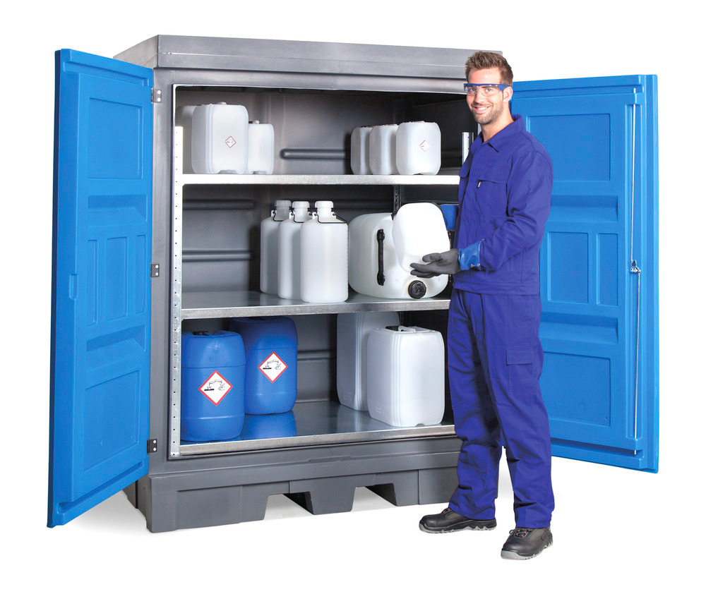 Depósito PolySafe D, con puertas y estantería de acero para recipientes pequeños