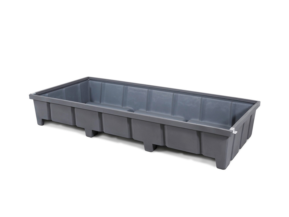 Pallet racking sump RWP 27.6, polyethylene, for use with 2700mm width shelves, height 315 mm - 1