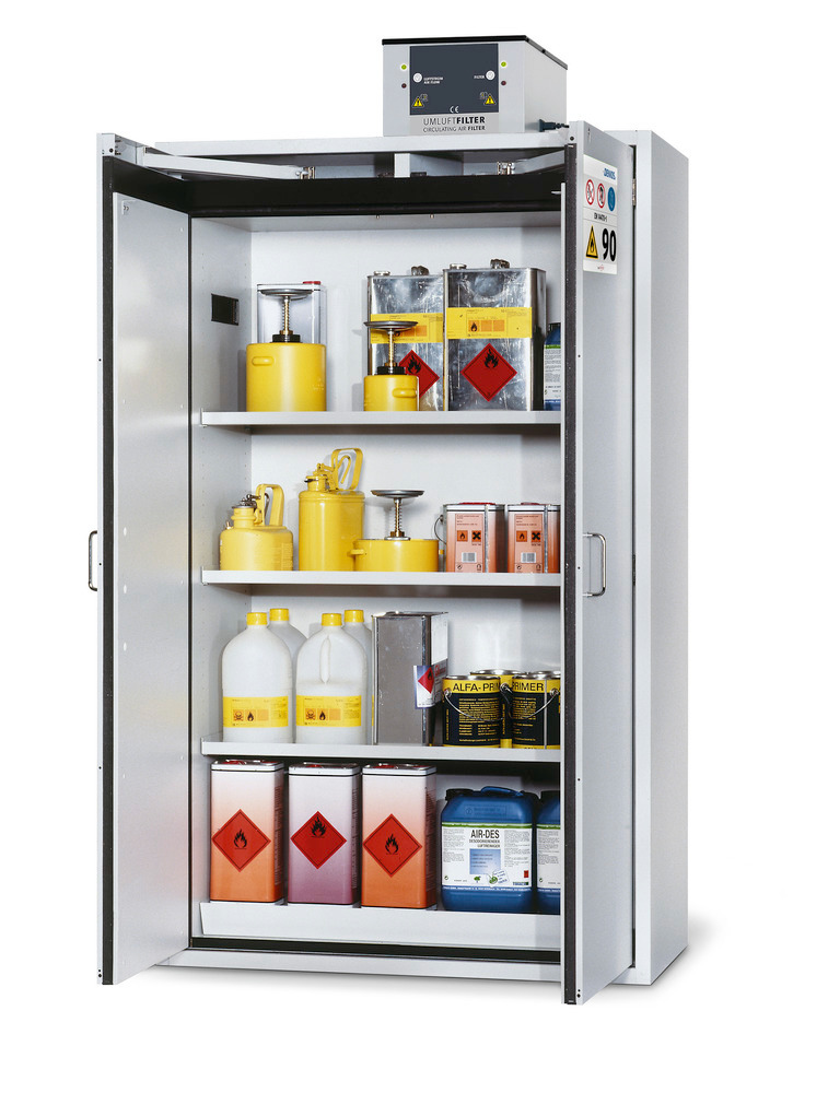 asecos fire-rated hazardous materials cabinet G 1201 with 3 shelves and wing doors, grey - 1