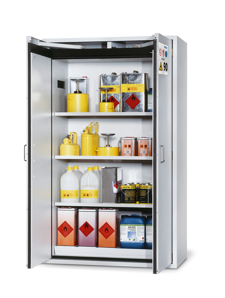 asecos fire-rated hazardous materials cabinet G 1201 with 3 shelves and wing doors, grey - 1