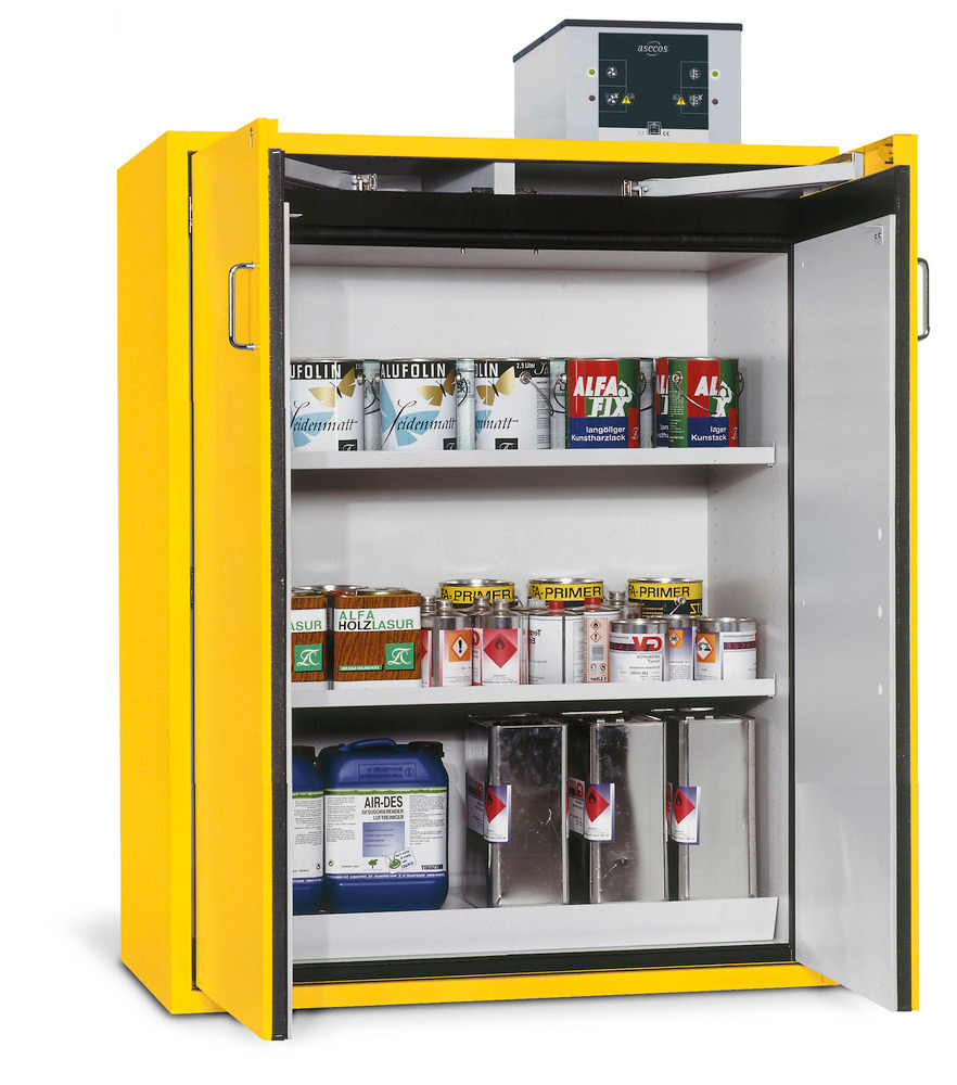 asecos fire-rated hazardous materials cabinet G 1200-F with wing doors, yellow - 1