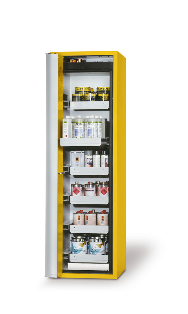 asecos fire-rated hazmat cabinet one touch, 6 slide-out spill trays, door hinged left, yellow - 4