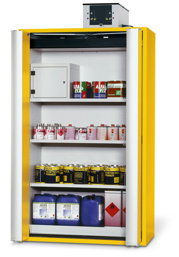 asecos fire-rated hazmat cabinet GF 1201 one touch, 3 shelves, yellow - 1