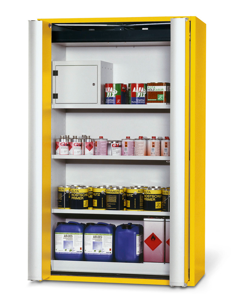 asecos fire-rated hazmat cabinet GF 1201 one touch, 3 shelves, yellow - 1