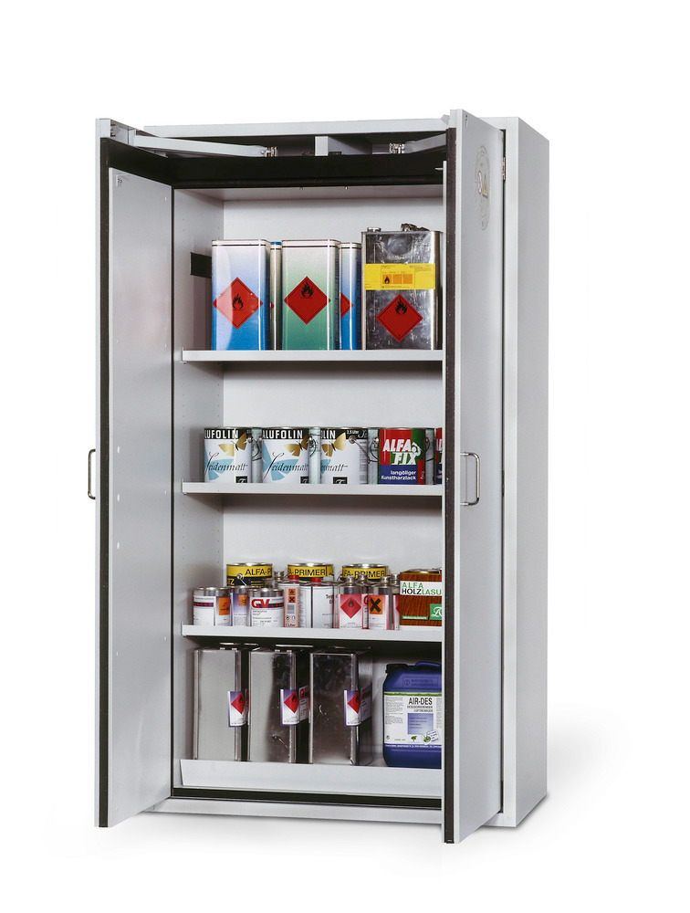 asecos fire-rated hazardous materials cabinet G 901 with 3 shelves, wing doors, grey - 1