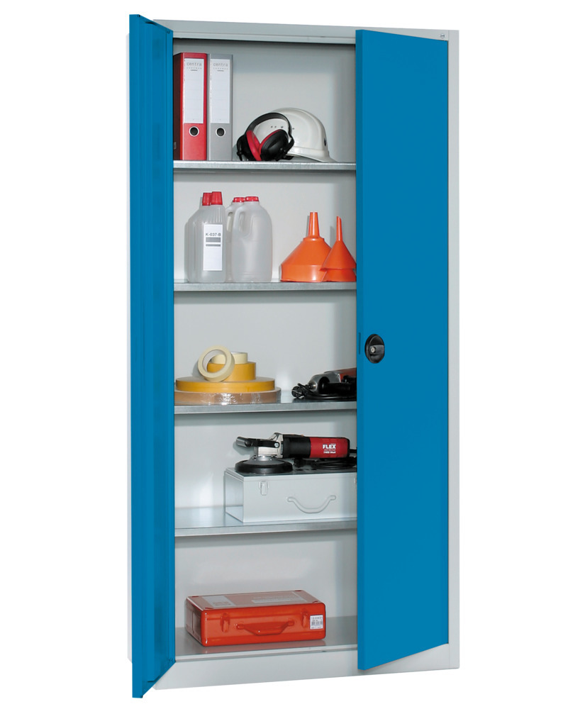 Equipment cabinet with 4 shelves, W 935, D 400, H 1950 mm, grey, doors blue - 1