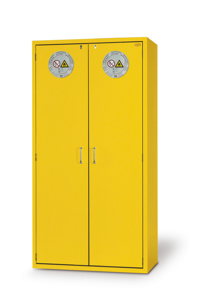asecos fire-rated hazardous materials cabinet G 901 with 3 shelves, wing doors, yellow - 1