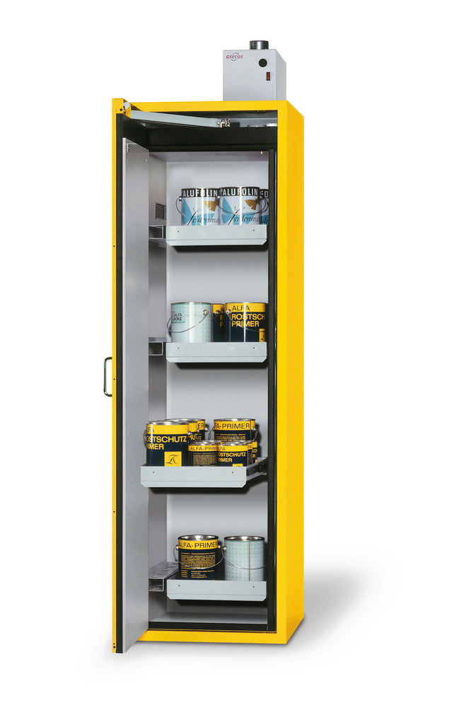 asecos fire-rated hazmat cabinet Edition, 4 slide-out spill trays, left, yellow, Model G64 - 1