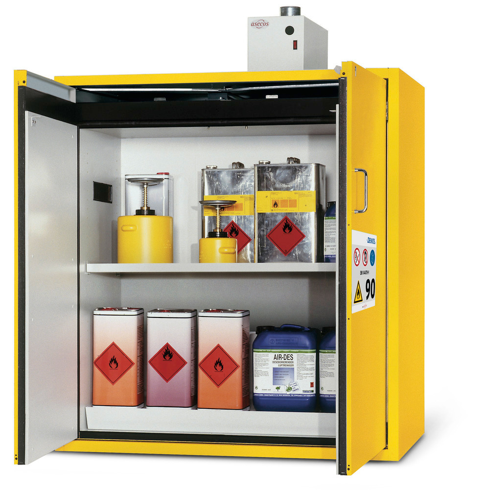 asecos fire-rated hazmat cabinet G 1200-FP one touch, with wing doors, yellow - 1