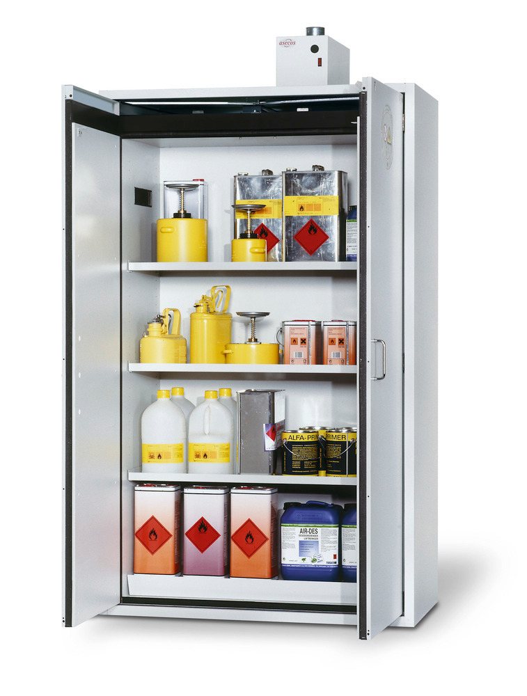 Fire Resistant Safety Cabinet G1201-H-F30, wing doors, 3 shelves & 1 spill tray, grey - 1