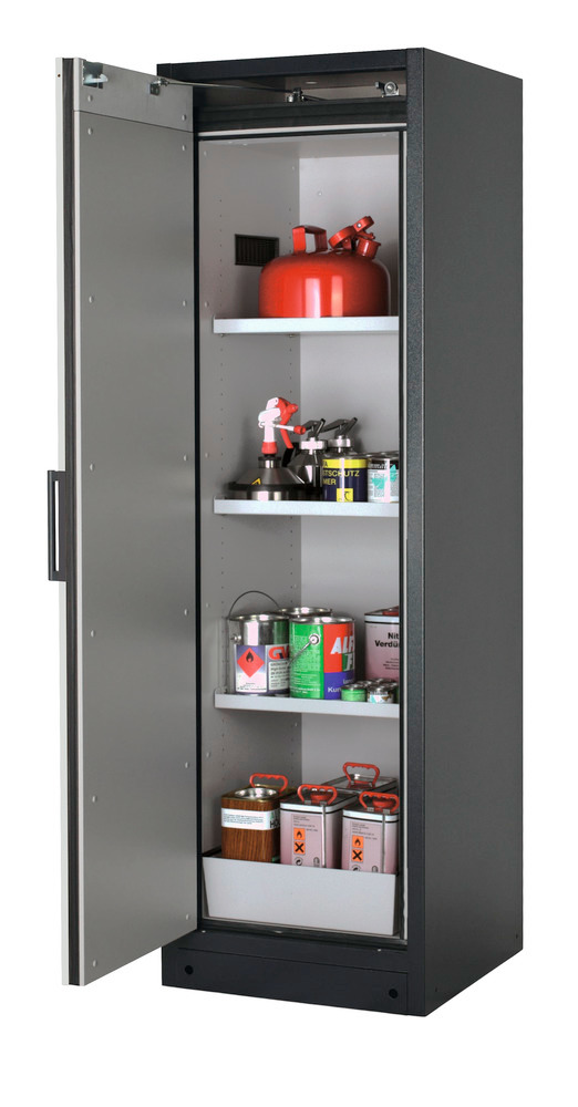 asecos fire-rated hazardous materials cabinet Select FM W-63L, 3 shelves, door grey (left) - 1