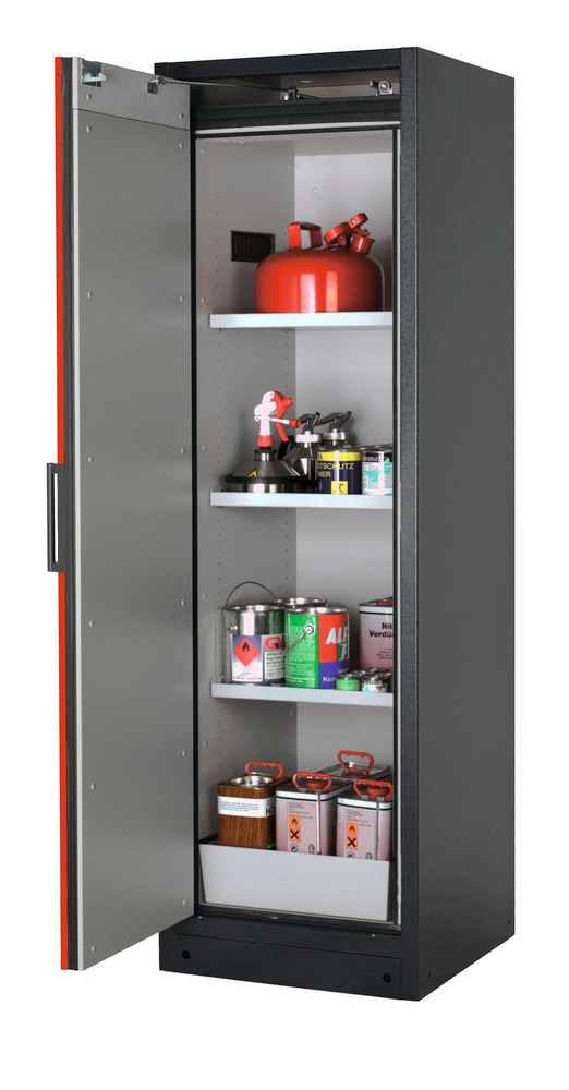 asecos fire-rated hazardous materials cabinet Select W-63L, 3 shelves, door red (left) - 1