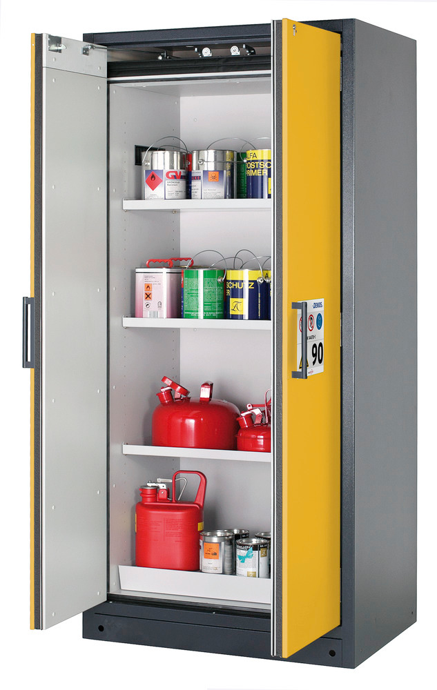 asecos fire-rated hazardous materials cabinet Select W-93, 3 shelves, doors yellow - 1