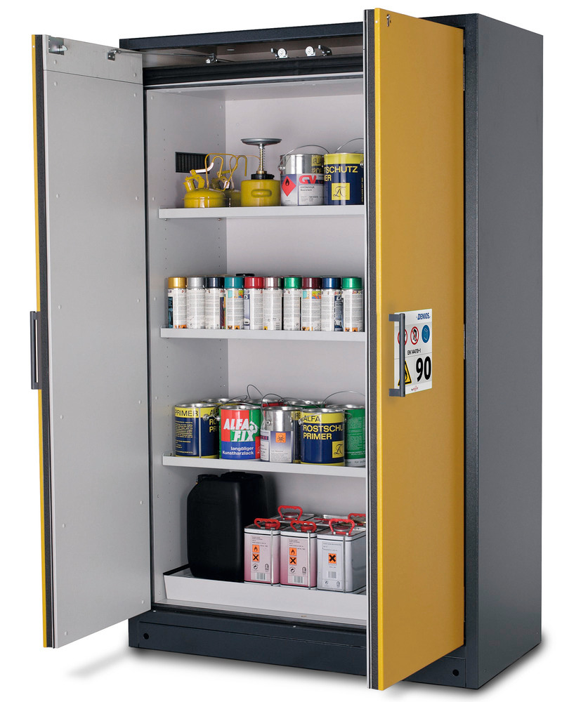 asecos fire-rated hazardous materials cabinet Select W-123, 3 shelves, doors yellow - 1