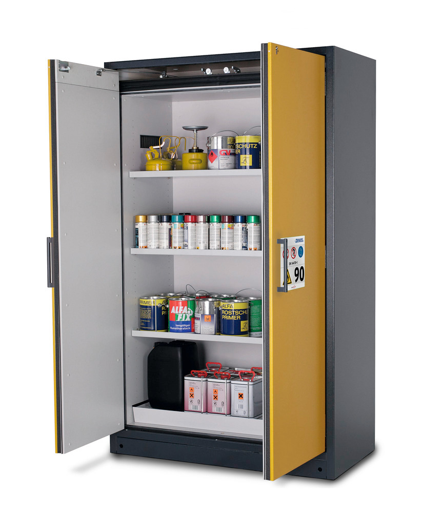 asecos Feuerbeständiger Gefahrstoffschrank Select W-123-O "one touch", 3 Einlegeböden, Türen gelb - 1