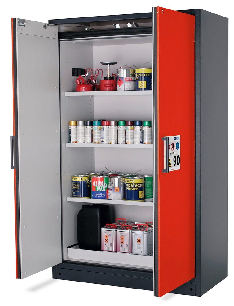 asecos fire-rated hazardous materials cabinet Select W-123, 3 shelves, doors red - 1