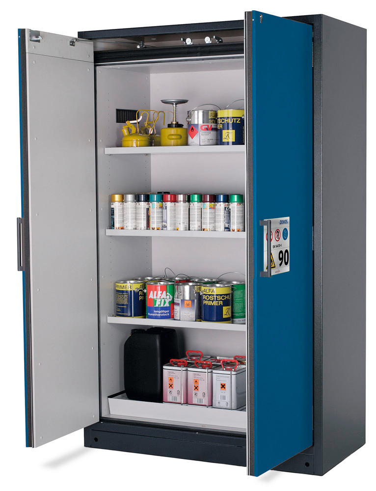 asecos fire-rated hazardous materials cabinet Select W-123-O one touch, 3 shelves, doors blue - 1