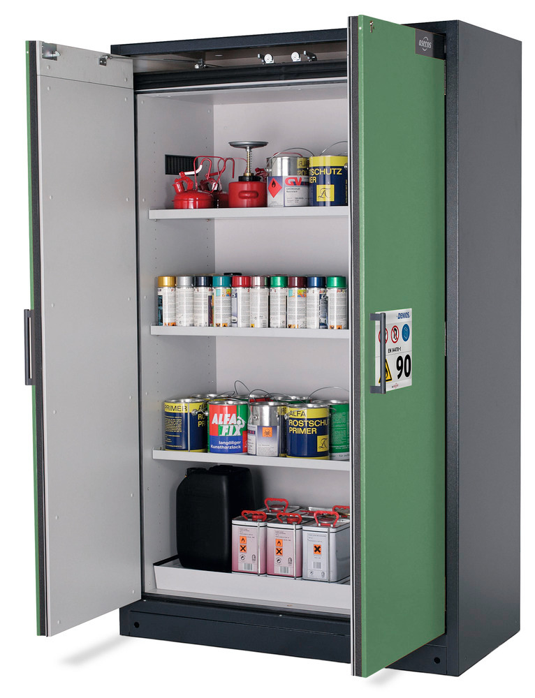 asecos Feuerbeständiger Gefahrstoffschrank Select W-123, 3 Einlegeböden, Türen grün - 1