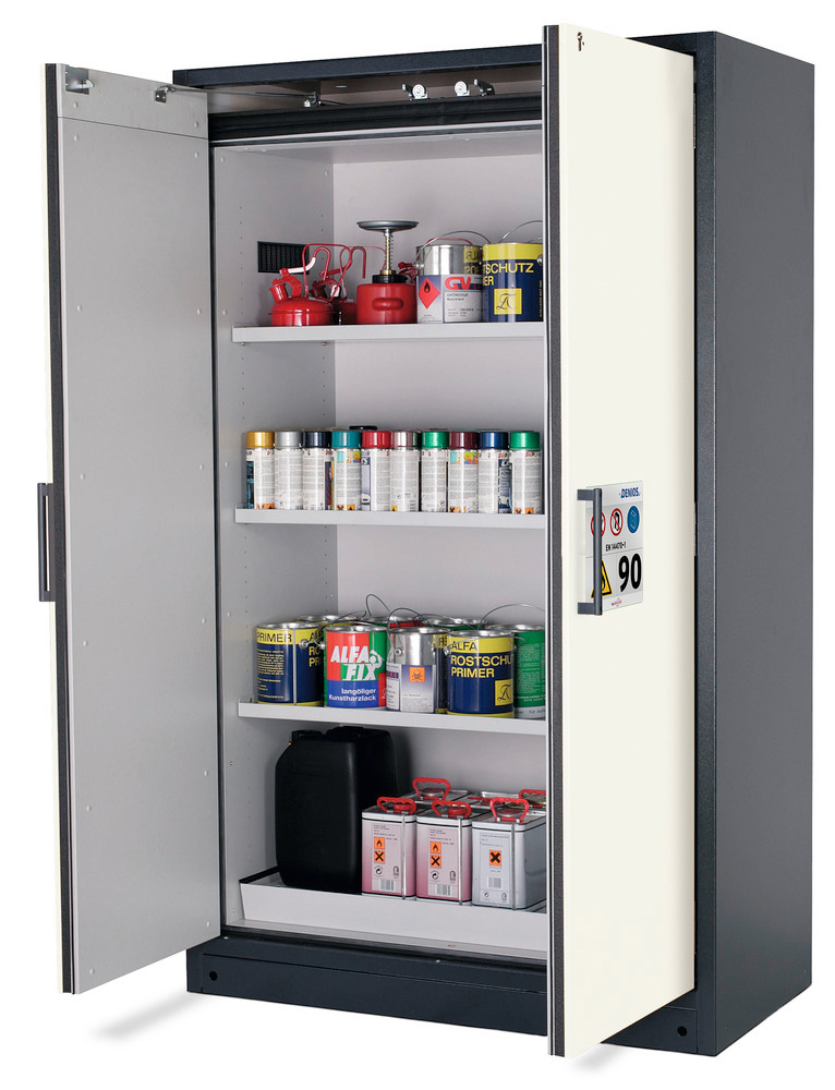asecos fire-rated hazardous materials cabinet Select W-123-O one touch, 3 shelves, doors white - 1