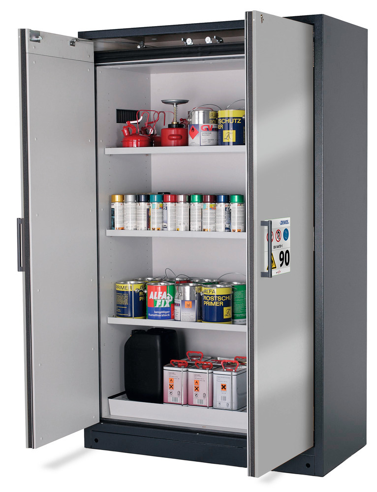 asecos fire-rated hazardous materials cabinet Select W-123, 3 shelves, doors silver - 1