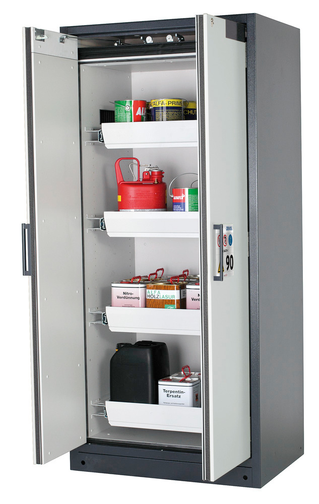 asecos fire-rated hazmat cabinet Select W-94-O one touch, 4 slide-out spill trays, doors grey - 1