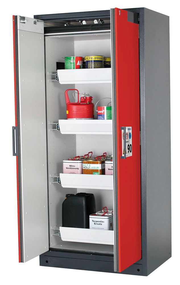 asecos fire-rated hazardous materials cabinet Select W-94, 4 slide-out spill trays, doors red - 1