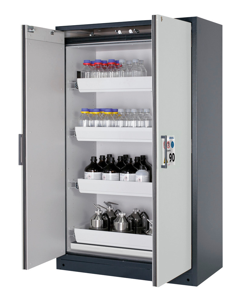 asecos fire-rated hazardous materials cabinet Select W-124, 4 slide-out spill trays, doors grey - 1