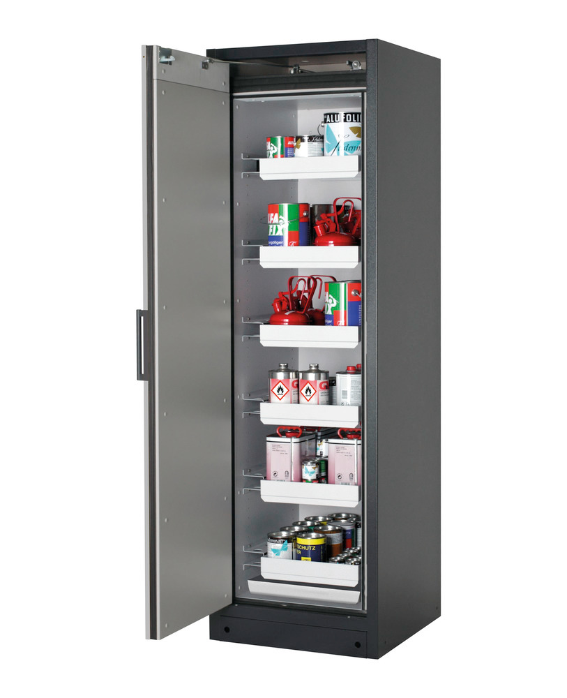 asecos Feuerbeständiger Gefahrstoffschrank Select W-66L-O "one touch", 6 Auszugswannen, Tür silber - 1