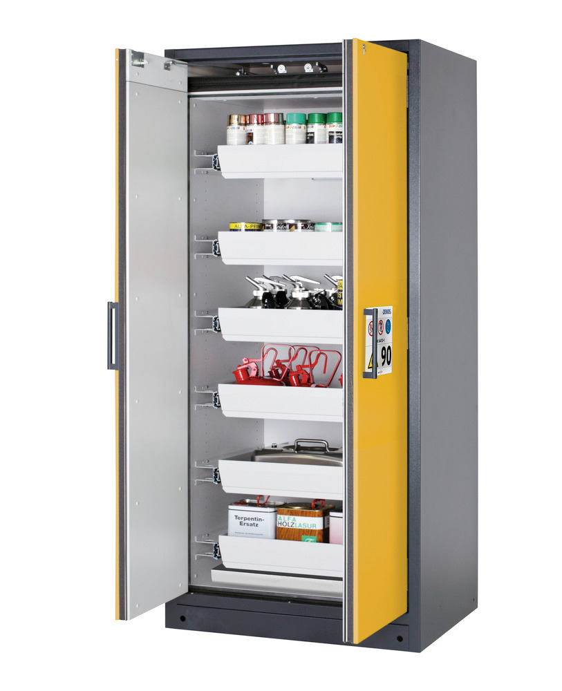 asecos fire-rated hazardous materials cabinet Select W-96, 6 slide-out spill trays, doors yellow - 1